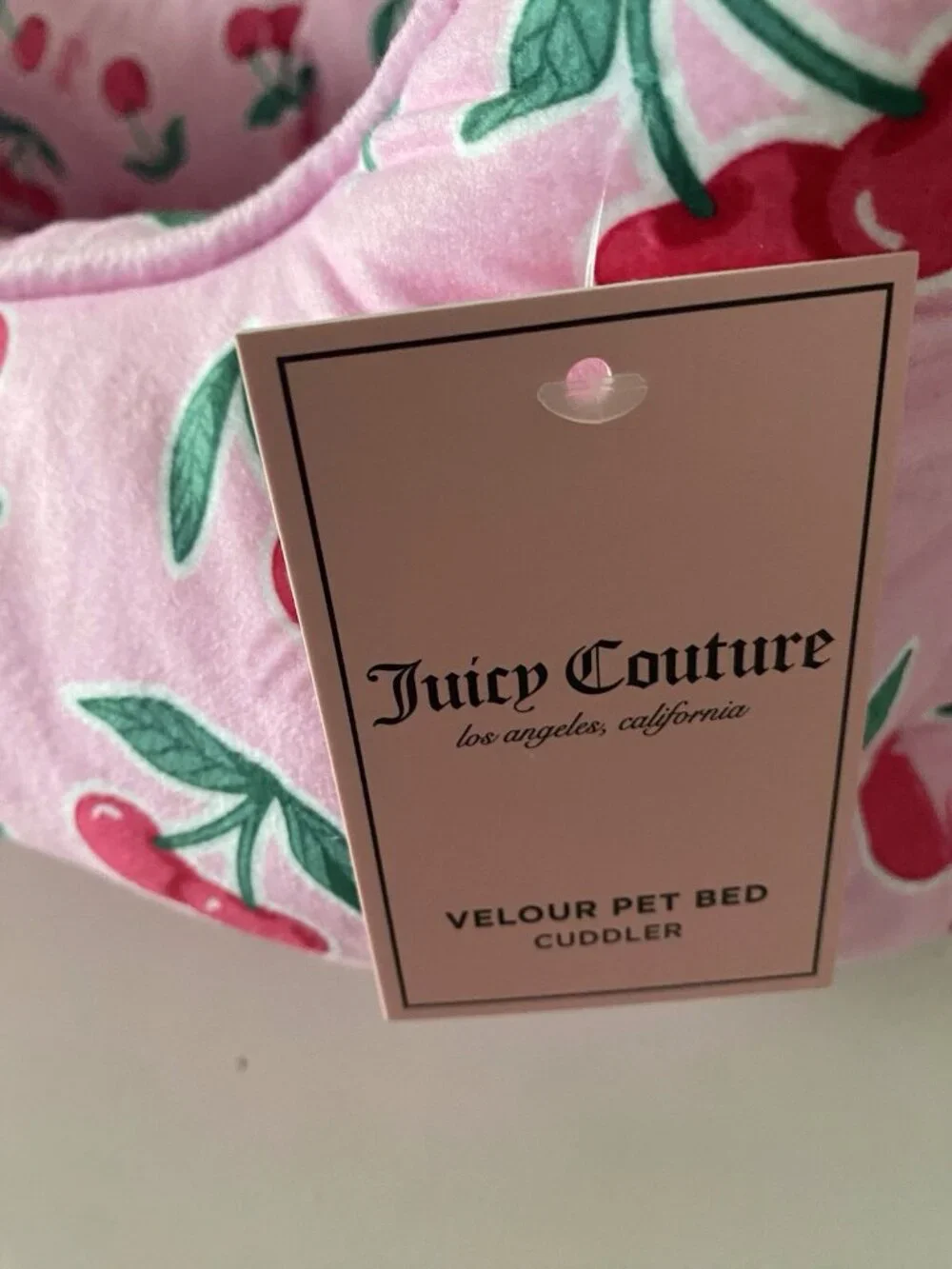 Juicy Couture Velour Cuddler Dog Pet Bed Cherries Cherry Pink 24” X 14” X 8” NEW